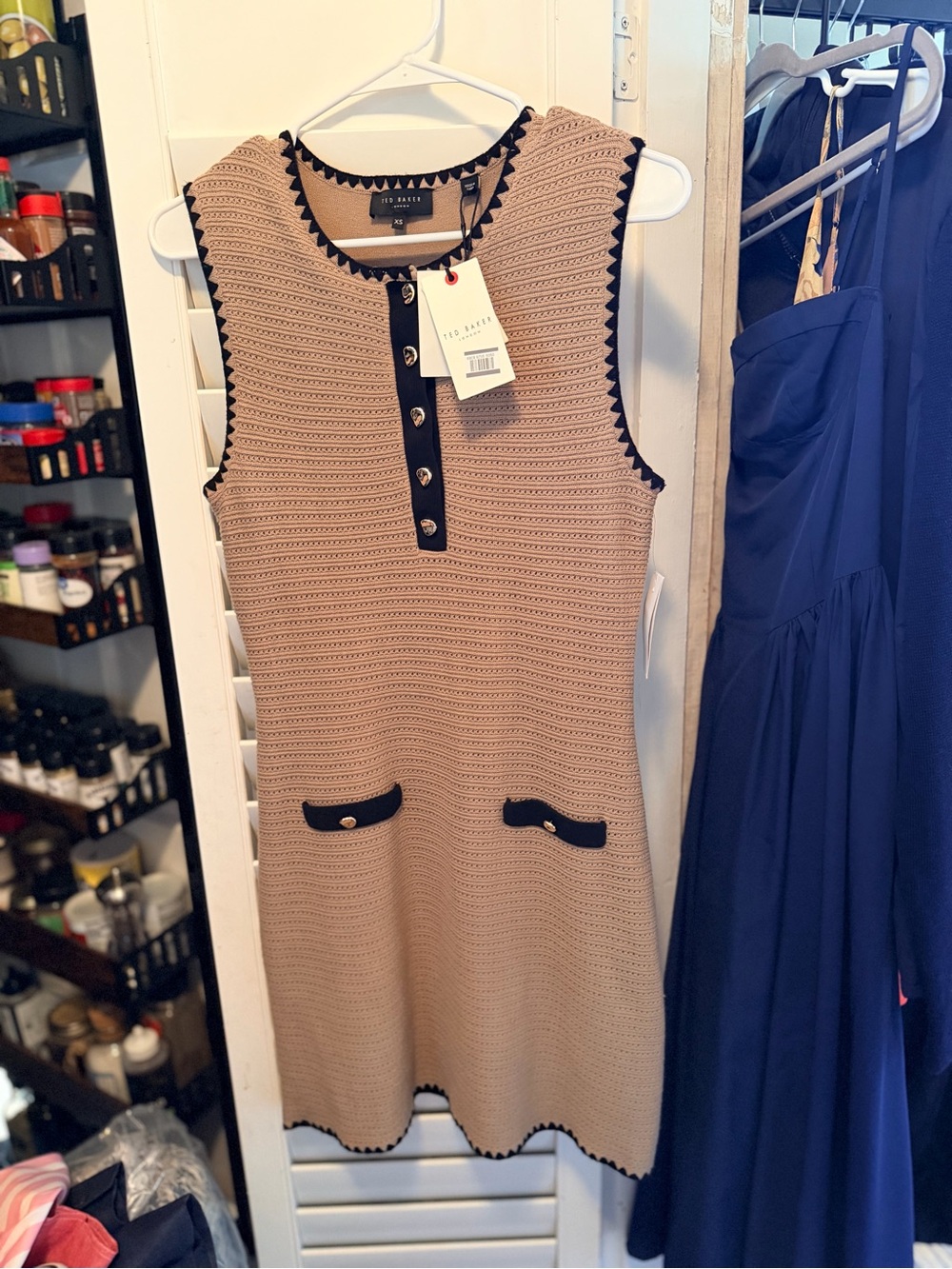 Ted Baker Sweater Dress XS Khaki Taupe Black Pointelle Knit NWT $245